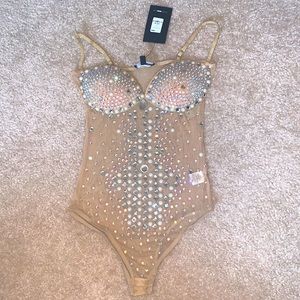Tan Rhinestone fitted bodysuit